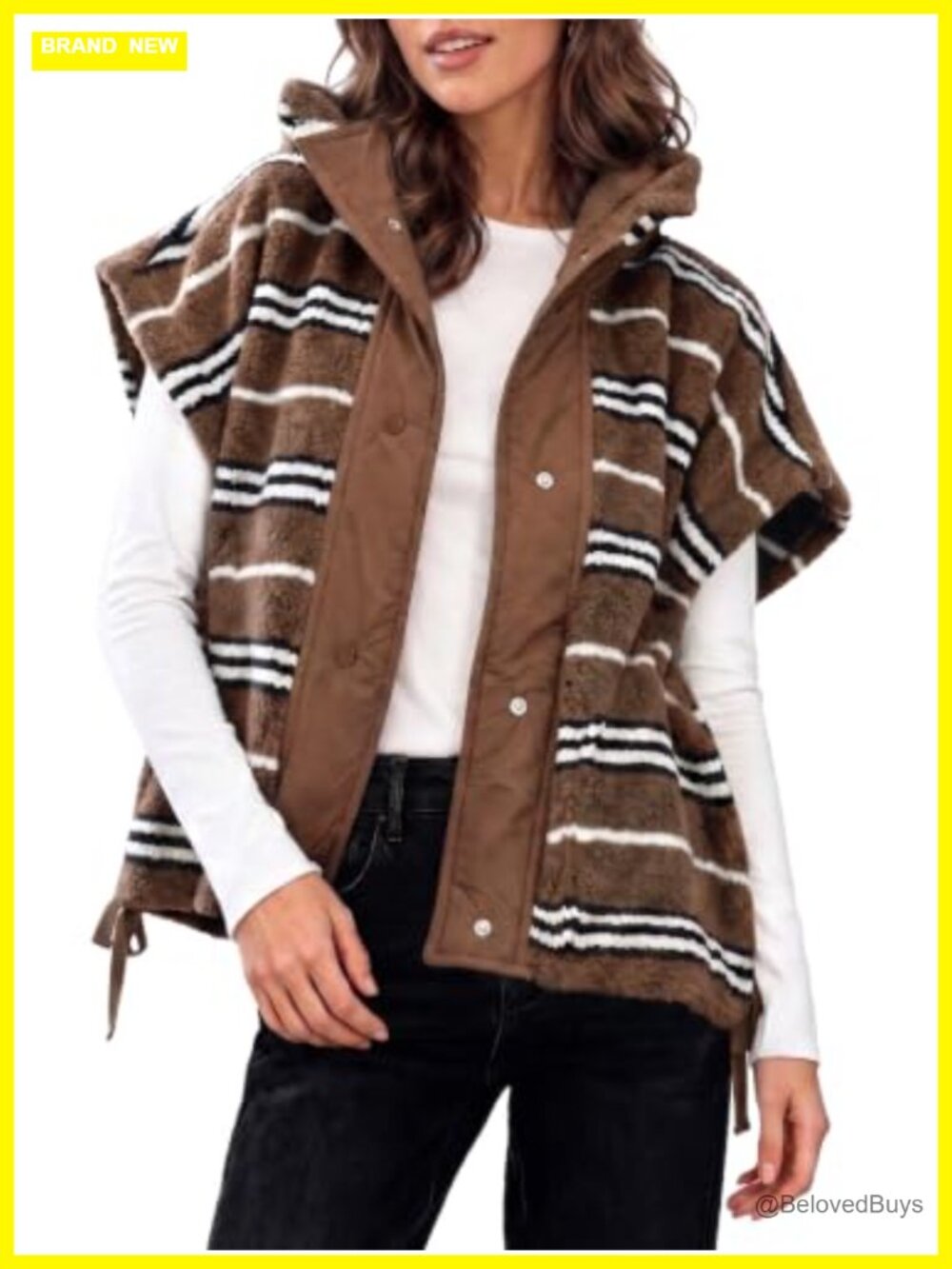 Fuzzy Sherpa Fleece Vest Striped Sleeveless Button Down Casual Oversized